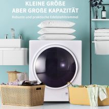 Okwish - Mini sèche-linge, 2,5 kg, mural, opération simple, minuterie 200 minutes, double filtre, chauffage céramique ptc, tambour en acier
