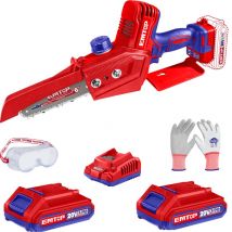 Emtop - Mini tronçonneuse à batterie scie à chaine sans fil 20v brushless avec 1 chargeur + 2 batteries lithium-ion 2.0ah + gant picots pvc lunettes