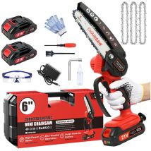 Mini tronçonneuse électrique, tronçonneuse électrique de 6 pouces avec 2 batteries, 1 tronçonneuse + 1 guide, mini tronçonneuse électrique sans fil