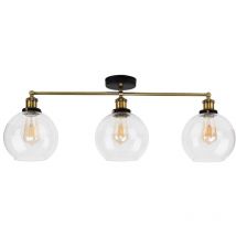 Minisun - Sheridan 3 Way Black & Gold Ceiling Light Fitting with Clear Glass Globe Shades - led Filament Bulbs In Warm White