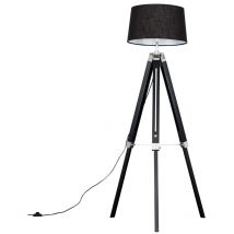Minisun - Clipper Black Wood and Silver Chrome Tripod Floor Lamp with Black Tapered Shade - Complete with 6w led gls Bulb
