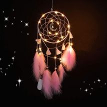 Soekavia - Atrapasueños con luz led, hecho a mano, con plumas, decoración romántica para habitación de niña, para colgar en la pared (rosa)