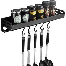 Portaspezie, Portautensili Da Cucina a Parete Con 5 Ganci, Montaggio a Parete Senza Foratura, Alluminio, Antiruggine, Nero, 40cm - Minkurow