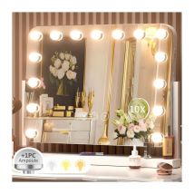Janzdiys - Miroir Coiffeuse Hollywood, Miroir led 15 Lumières Dimmables 58X46cm, 3 Modes d'éclairage, Miroir Maquillage avec Port de Charge usb et