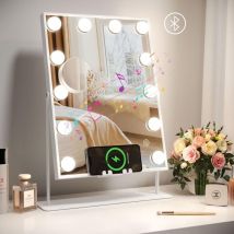 Keepbuying - Miroir Bluetooth Rechargeable Sans Fil 12 Ampoules,hollywood Lumineux De Maquillage Led 3 Couleurs 30 X 41cm - Blanc