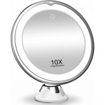 Miroir de maquillage grossissant 10X avec lumières, éclairage 3 couleurs, interrupteur intelligent, rotation à 360 degrés, ventouse puissante,