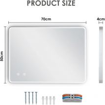 Miroir de salle de bain avec éclairage LED,3 couleurs de lumière à intensité variable,anti-buée,Commande par Effleurement(70x50cm)