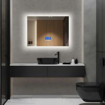 Miroir de salle de bain carré lumineux 50x70 cm, avec affichage de la température et fonction désembueur, avec éclairage led, réglage de la