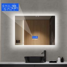 Miroir de salle de bain rectangulaire, avec led, Fonction désembuage, température, heure, date, rétro-éclairage, sans cadre, Interrupteur tactile