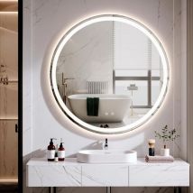 Miroir De Salle De Bain,rond,led, Avec 3 Couleurs De Lumière, À Intensité Variable, Verre Trempé, Protection Contre Les Explosions, Interrupteur 