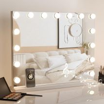 Yoleo - Miroir Hollywood avec Lampe et Haut - Parleur Bluetooth miroir de maquillage avec 15 ampoules led dimmables 58 x 48 cm - Blanc