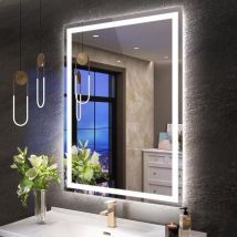 Miroir Lumineux de Salle de Bain, Bluetooth/ Désembuage/ 3 Couleur/ Dimmable/, IP44 Blanc Miroir Salle de Bain avec Eclairage 80x60 cm, S' bagno