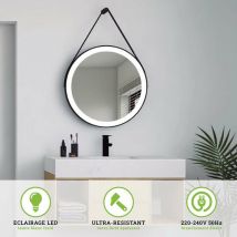 Ledimex - Miroir de Salle de Bains Lumineux avec Éclairage Intégré Led Frontal - Rond Ø60CM Cadre Noir Mat et Courroie kenia