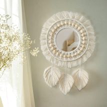 Miroir Mural À Franges En Avec Pendentif En Plumes De Perles De Bois Miroir Rond D'Art Mural Pour Couloir De Chambre À Coucher Salon Décor À La Maison