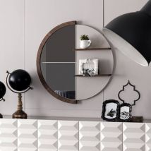 Miroir rond avec étagères en bois naturel - Verre fumé - L86xP4x90H