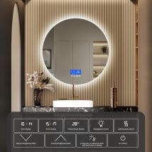 Fortuna Lai - Miroir Salle de Bain led - Miroir Mural avec Affichage Horloge& Température Anti Buée 3 Luminosités, Sans Cadre - Ronde φ60cm