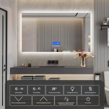 Fortuna Lai - Miroir Salle de Bain led - Miroir Mural avec Affichage Horloge& Température Anti Buée 3 Luminosités, Sans Cadre - Rectangle 60x100cm