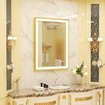 Luvodi - Miroir Mural Salle de Bain led Anti-Buée Cadre Complet Finition Givrée avec Interrupteur Tactile pour Maquillage Rasage - Doré 80 x 60 cm
