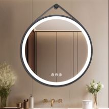 Luvodi - Miroir Salle de Bain Rond led avec Bandoulière Réglable, Grand Miroir Maquillage Coiffeuse Lumineux Anti Buée avec Interrupteur Tactile,