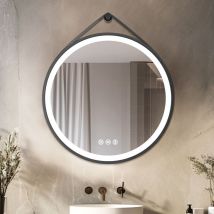 Luvodi - Miroir Salle de Bain Rond led avec Bandoulière Réglable, Grand Miroir Maquillage Coiffeuse Lumineux Anti Buée avec Interrupteur Tactile,