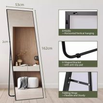 Tlgreen - Miroir sur Toute la Longueur,162x53cm,Grand Miroir Mural hd avec Cadre en Métal,Support,Crochet pour Chambre à Coucher,Salon- Angle