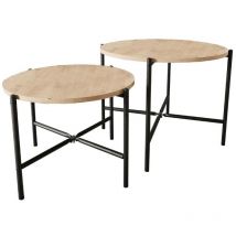Rus set di 2 tavoli centrali rotondi 65/55 cm safir in rovere e nero, base di melamina e struttura in metallo, tavoli da pranzo in stile industriale