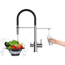 Robinet de Cuisine Mitigeur 3 voies chrome robinet bec noir orientable et douchette 2 jets detachable Vizio