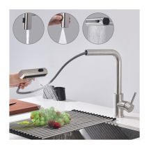 Robinet de Cuisine avec Douchette Extractible Mitigeur Cuisine Bec Rotatif Robinetterie de Cuisine 3 Jets aux Choix Mitigeur d'Évier en Acier Brossé
