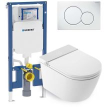 Pack Toilette japonaise susp. Rada blanc - Chasse d'eau - Séchage à l'air - Bâti-support Geberit Duofix 8cm - Plaque de déclenchement blanc - Mizubath