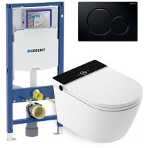 Pack Toilette japonaise susp. Rada noir - Chasse d'eau - Séchage à l'air - Bâti-support Geberit Duofix 12cm - Plaque de déclenchement noir - Mizubath