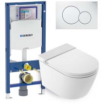 Mizubath - Set WC giapponese sosp. Rada bianco - Risciacquo ad acqua - Asciugatura ad aria - Modulo Geberit Duofix 12cm - Placca comando doppio bianca