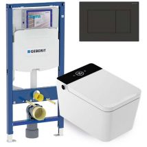 Set wc giapponese sospeso Isla nero - Risciacquo ad acqua - Asciugatura ad aria - Modulo Geberit Duofix 12 cm - Placca comando doppio nero - Mizubath