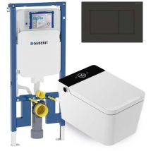 Set wc giapponese sospeso Isla nero - Risciacquo ad acqua - Asciugatura ad aria - Modulo Geberit Duofix 8 cm - Placca comando doppio nero - Mizubath