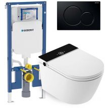 Set wc giapponese sospeso Rada nero - Risciacquo ad acqua - Asciugatura ad aria - Modulo Geberit Duofix 8 cm - Placca comando doppio nero - Mizubath