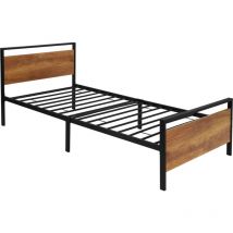 Ml-design - Cama de Estructura Metalica Negra 90 x 200 cm con Cabecero y Piecero de Madera Marrón Marco de Acero Somier de Diseño Industrial-Rústico