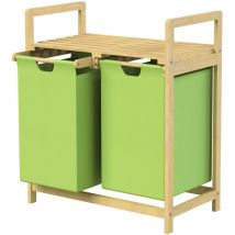 Cesto Portabiancheria con Struttura in Bambù con Ripiano e 2 Scomparti in Tessuto 60 l Verde per Biancheria 63x33x73 cm Raccoglitore adatto per il