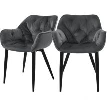 Set de 2 Chaises de Salle à Manger, Anthracite, Assise Rembourrée en Velours, Pieds Métalliques Noir, avec Dossier et Accoudoirs Ergonomiques,