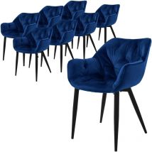 ML-Design Set de 8 Chaises de Salle à Manger, Bleu Foncé, Assise Rembourrée en Velours, Pieds Métalliques Noir, avec Dossier et Accoudoirs