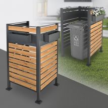 Clôture Extérieure pour 1 Poubelle, 91x91x150 cm, en Acier Inoxydable, Anthracite/Imitation Bois, Habillage Conteneur Rangement Boîte de Jardin,