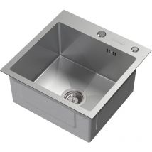 Fregadero de Cocina de un Seno 45x45 cm Lavabo Sobre Encimera o Enrasado con Juego de Desagüe, Dosificador de Jabón y Rebosadero Cubeta de Acero