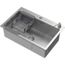 Fregadero de Cocina de un Seno 68x45 cm Plateado Lavabo Sobre Encimera o Enrasado con Juego de Desagüe, Dosificador de Jabón y Escurridor Cubeta de