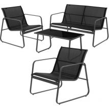 Ml-design - Juego de Muebles de Jardin 4 Piezas de Acero y Textilene Negro Asientos para 4 Personas con Mesa de Cristal, Sofá y 2 Sillones