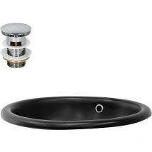 Luxebath - ML-Design Lavabo de Cerámica Negro Mate 49x40,5x19,5 cm Fregadero Empotrado Ovalado con Juego de Desagüe Plateado Diseño Moderno Lavamanos