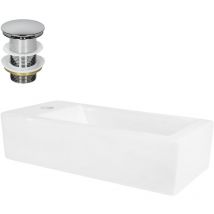 Lavabo en Céramique Blanc, 51x25x13 cm, avec Bonde de Vidage Chromé en Laiton, Trou pour Robinet à Droite, Rectangulaire, Montage Mural / Sur Plan,