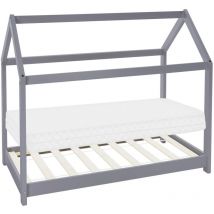 Ml-design - Lettino per Bambini a Forma di Casa con Tetto e Rete a Doghe 80 x 160 cm Letto da Gioco in Legno di Pino Massiccio Grigio Chiaro Stile