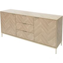 Mesa de Centro Moderna Aspecto Roble con Barra con Dibujo de Espiga 160x75,5x40cm Metal Dorado Mesita Auxilia con 2 Puertas y 3 Cajones, Aparador con