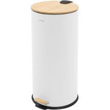 Ml-design Mülleimer 30l Rund Mit Fußpedal, Weiß, Stahl, Treteimer Mit Leise Schließendem Bambusdeckel, Softclose, Abfalleimer Mit Entnehmbarem 