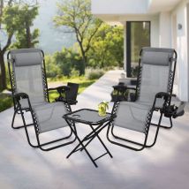 Set 2x Sedia Sdraio Pieghevole da Giardino con 1x Tavolo Grigio Lettino con Poggiatesta e Schienale Regolabili con Portabevande Scomparto per