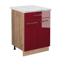Mueble bajo de cocina Fame-Line, Rojo Burdeos alto brillo, 60 cm con cajón, et Mármol Vicco
