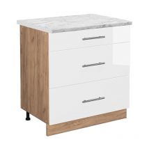 Mueble bajo de cocina Fame-Line, Blanco alto brillo, 80 cm con 3 cajones, et Mármol Vicco